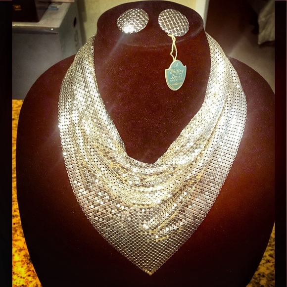Whiting & Davis VINTAGE SIGNED Mesh bib Chain Necklace sparkly earring 1940’s - Picture 6 of 14